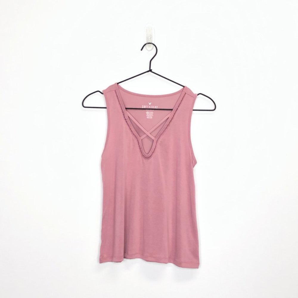 American Eagle Soft & Sexy Sueded Criss Cross Tank Top, Mauve Pink, Women's XS